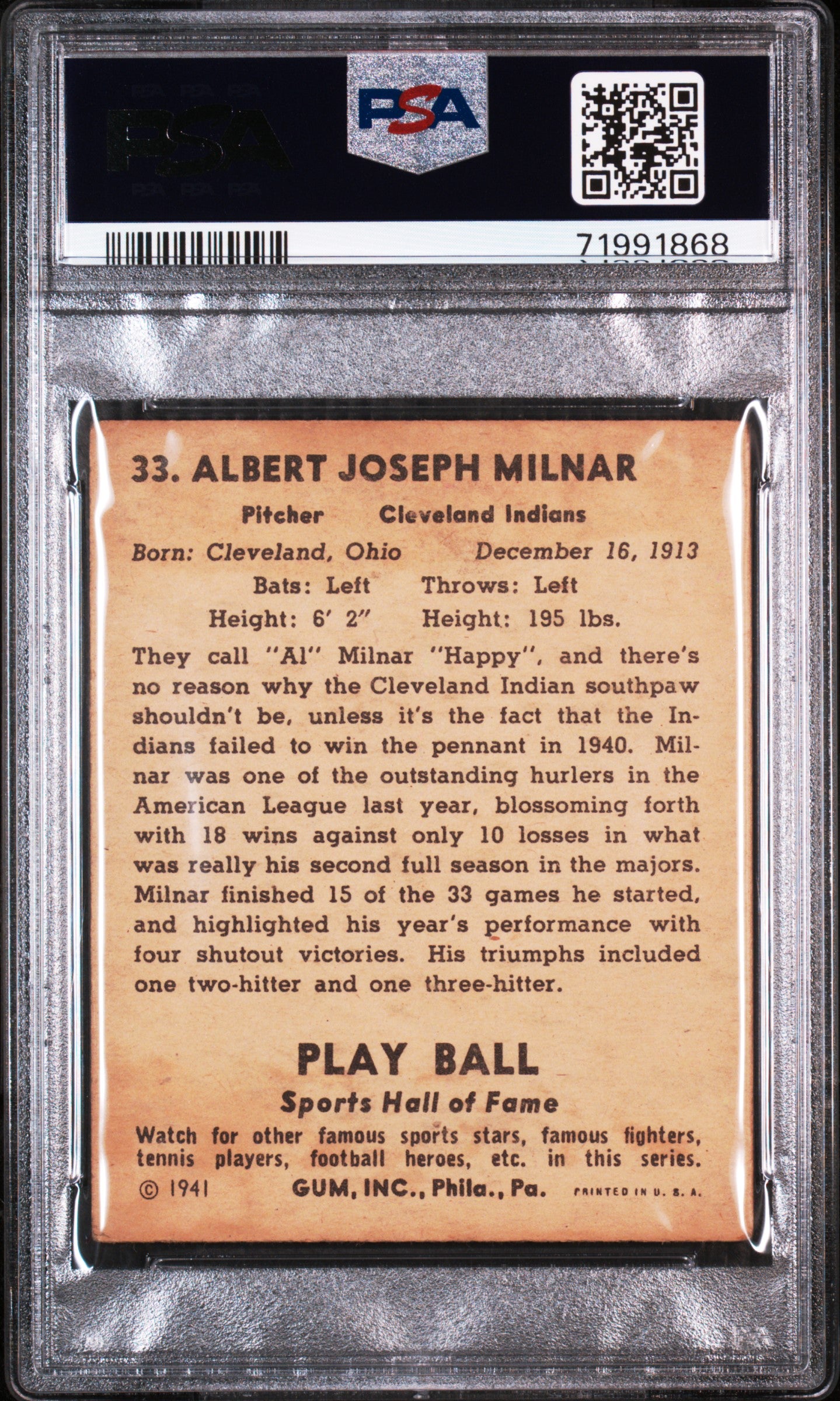 1941 Play Ball #33 Happy Milnar PSA 4 SN 71991868