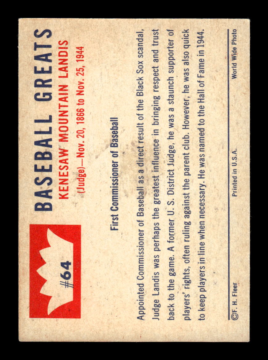 1960 Fleer Baseball Greats #64 Kenesaw Landis Near Mint or Better HOF-10003971
