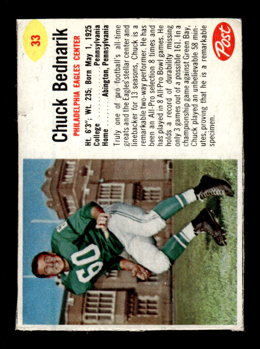 1962 Post Cereal #33 Chuck Bednarik Very Good HOF-10004012
