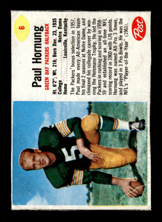 1962 Post Cereal #6 Paul Hornung Very Good HOF-10004013
