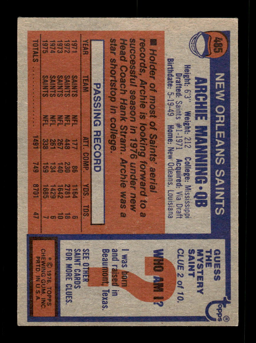 1976 Topps #485 Archie Manning Very Good HOF-10004056
