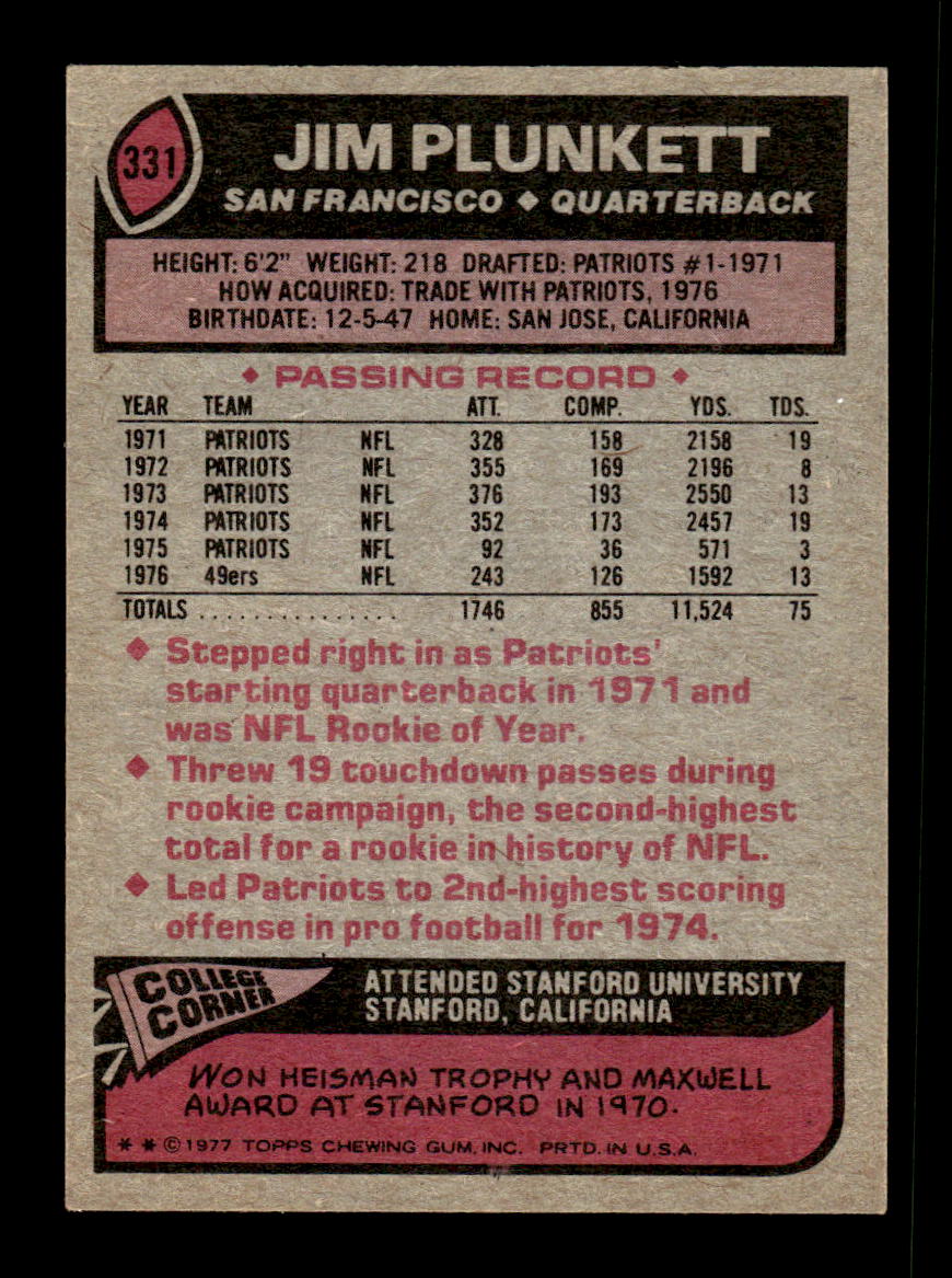 1977 Topps #331 Jim Plunkett Very Good HOF-10004059