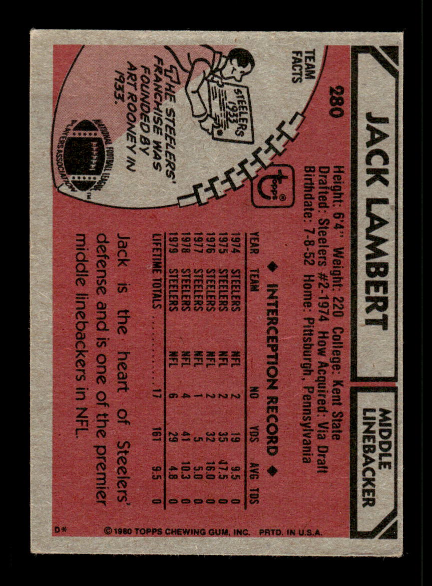1980 Topps #280 Jack Lambert Very Good HOF-10004063