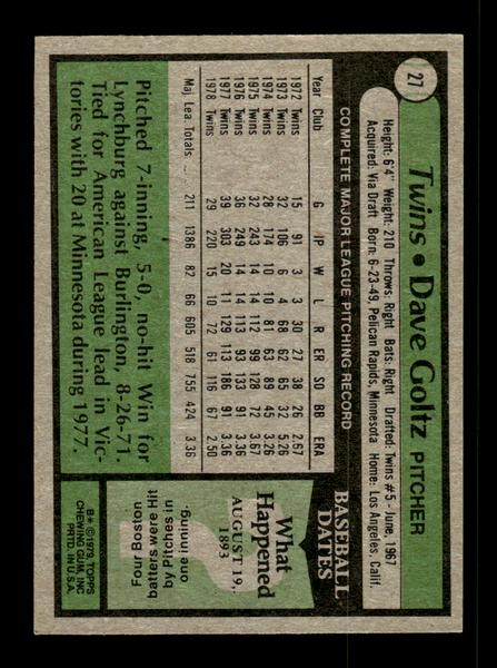 1979 Topps #27 Dave Goltz EXMT PACK FRESH HOF-10004116