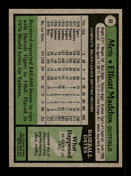 1979 Topps #69 Elliott Maddox EXMT PACK FRESH HOF-10004159