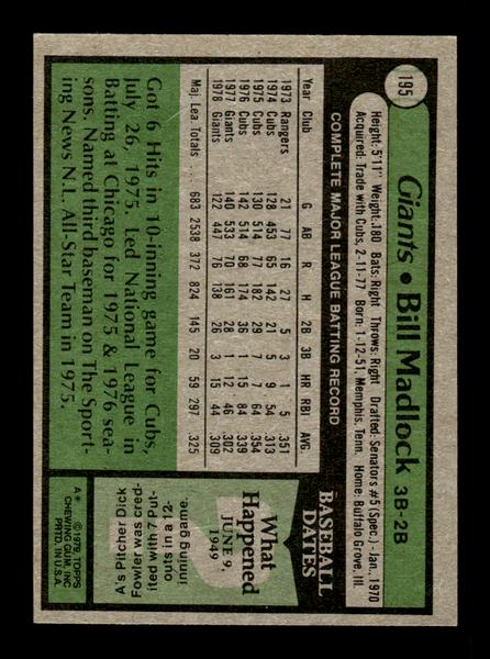 1979 Topps #195 Bill Madlock EXMT PACK FRESH HOF-10004283