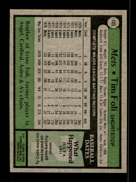 1979 Topps #403 Tim Foli EXMT PACK FRESH HOF-10004491
