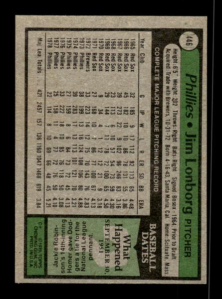 1979 Topps #446 Jim Lonborg EXMT PACK FRESH HOF-10004527