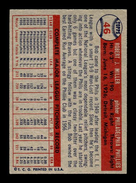 1957 Topps #46 Bob Miller EX - EXMT HOF-10004831