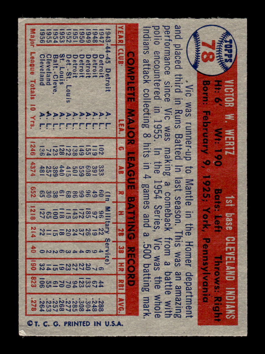 1957 Topps #78 Vic Wertz EX - EXMT HOF-10004868