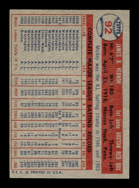 1957 Topps #92 Mickey Vernon EX - EXMT HOF-10004881