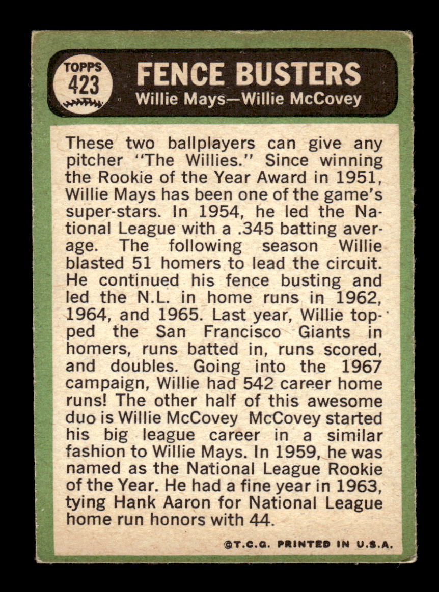 1967 Topps #423 Fence Busters Mays McCovey G/VG HOF-10004890