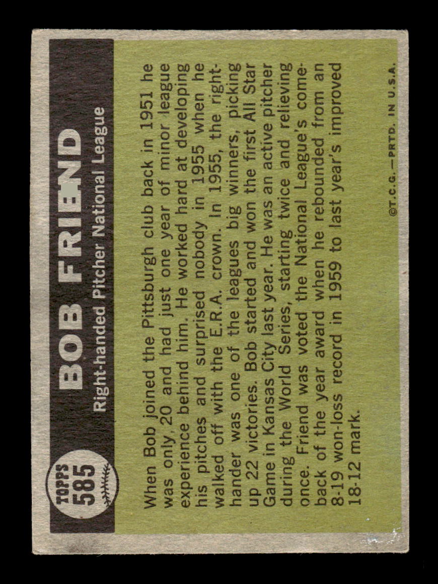 1961 Topps #585 Bob Friend Very Good HOF-10004902