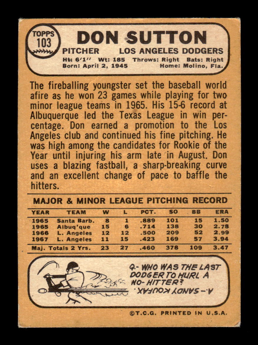 1968 Topps #103 Don Sutton Very Good HOF-10004952
