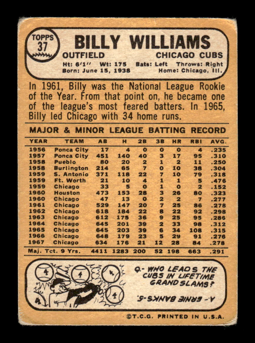 1968 Topps #37 Billy Williams F/G HOF-10004953