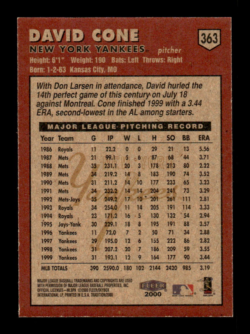 2000 Fleer Tradition Glossy #363 David Cone HOF-10004961