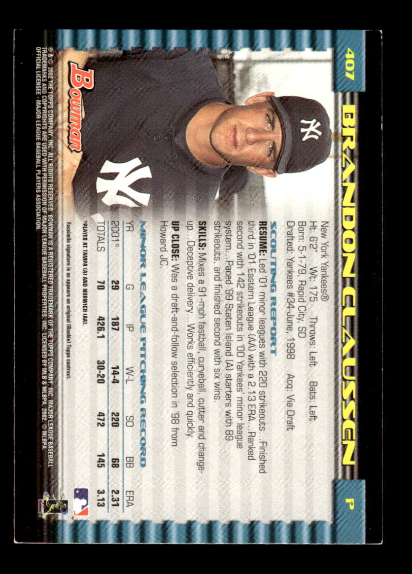 2002 Bowman #407 Brandon Claussen HOF-10004967