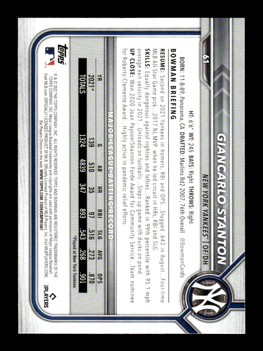2022 Bowman #61 Giancarlo Stanton HOF-10005010
