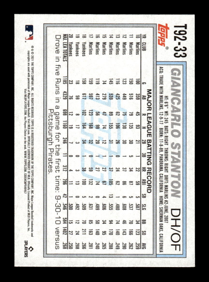 2021 Topps Update - 1992 Topps Redux #T92-33 Giancarlo Stanton HOF-10005019