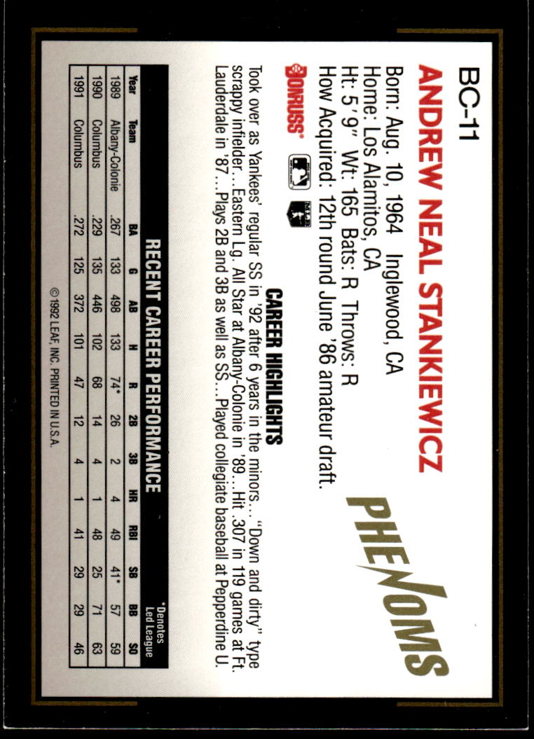 1992 Donruss The Rookies #BC-11 Andy Stankiewicz HOF-10005048