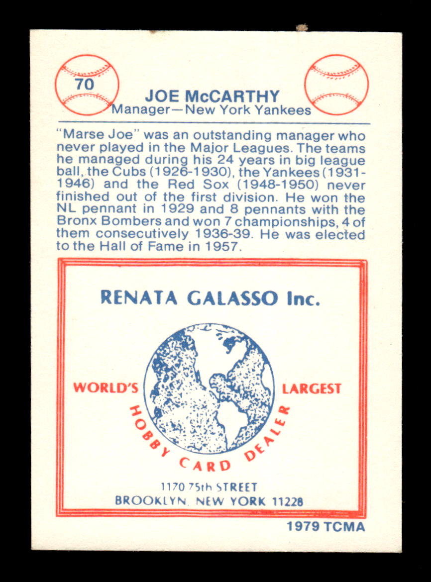 1977-84 Galasso Glossy Greats #70 Joe McCarthy HOF-10005104