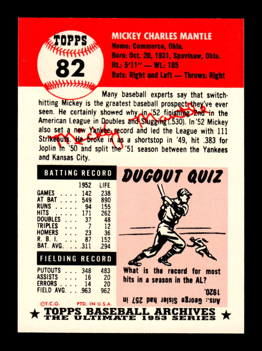 1991 Topps Archives 1953 #82 Mickey Mantle HOF-10005134