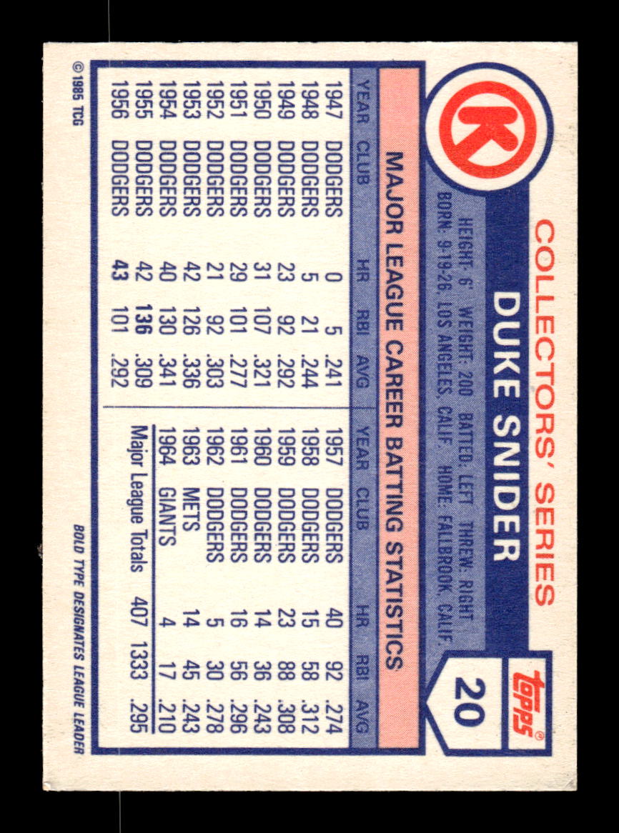1985 Topps Circle K All Time Home Run Kings #20 Duke Snider HOF-10005139
