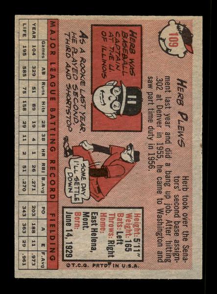 1958 Topps #109 Herb Plews Excellent HOF-10005150