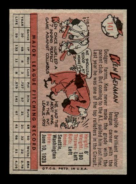 1958 Topps #141 Ken Lehman Excellent HOF-10005181