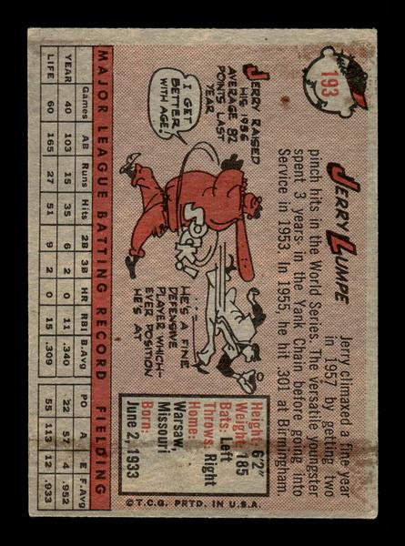 1958 Topps #193 Jerry Lumpe Very Good HOF-10005476