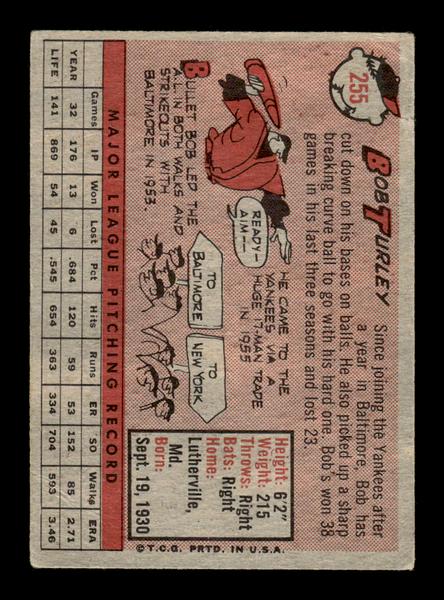 1958 Topps #255 Bob Turley Very Good HOF-10005486