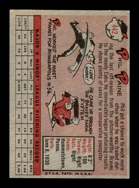1958 Topps #442 Phil Paine Very Good HOF-10005511