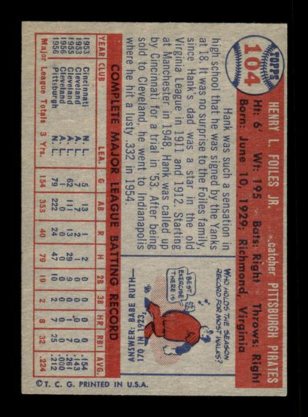 1957 Topps #104 Hank Foiles Pittsburgh Pirates EX HOF-10005529