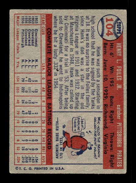 1957 Topps #104 Hank Foiles Pittsburgh Pirates EX HOF-10005530