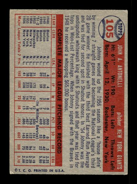 1957 Topps #105 Johnny Antonelli New York Giants EX HOF-10005531
