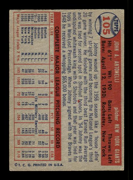 1957 Topps #105 Johnny Antonelli New York Giants EX HOF-10005532