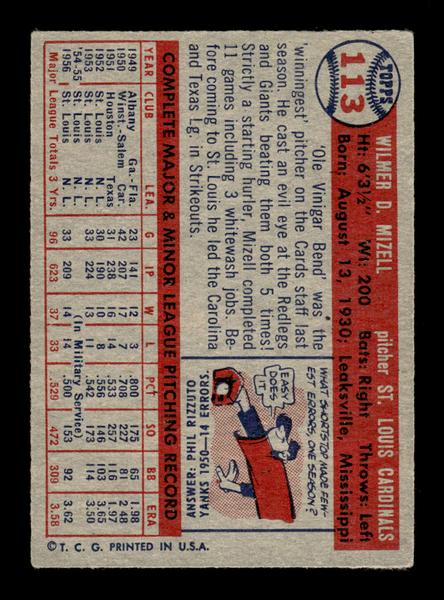 1957 Topps #113 Wilmer Mizell St. Louis Cardinals EX HOF-10005542