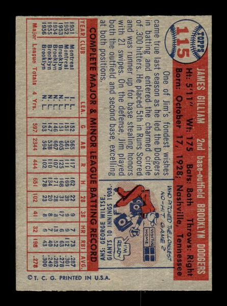 1957 Topps #115 Jim Gilliam Brooklyn Dodgers EX HOF-10005543
