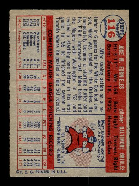 1957 Topps #116 Mike Fornieles Baltimore Orioles EX HOF-10005544