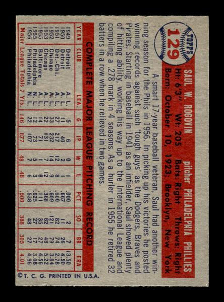 1957 Topps #129 Saul Rogovin Philadelphia Phillies EX HOF-10005558