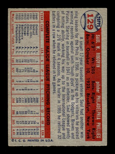 1957 Topps #129 Saul Rogovin Philadelphia Phillies EX HOF-10005559