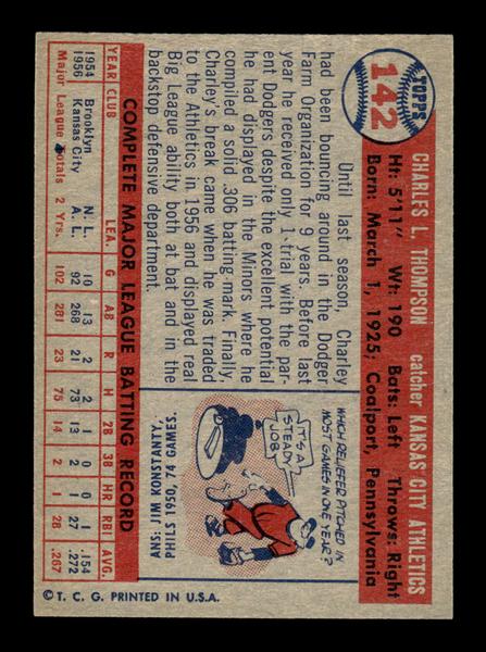 1957 Topps #142 Charley Thompson Kansas City Athletics EX HOF-10005570