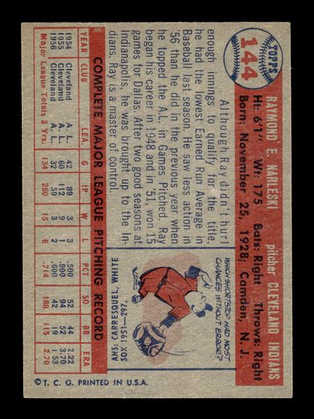 1957 Topps #144 Ray Narleski Cleveland Indians EX HOF-10005572