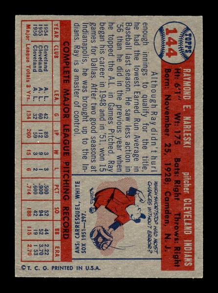 1957 Topps #144 Ray Narleski Cleveland Indians EX HOF-10005573