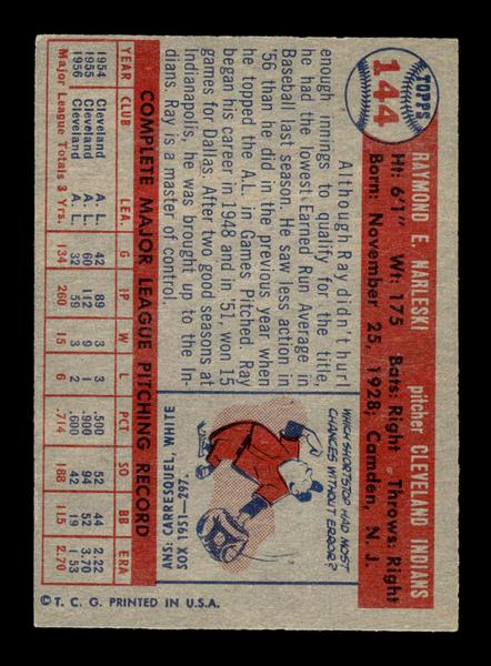 1957 Topps #144 Ray Narleski Cleveland Indians EX HOF-10005574