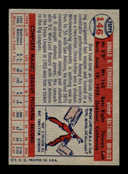 1957 Topps #146 Don Ferrarese Baltimore Orioles EX HOF-10005575
