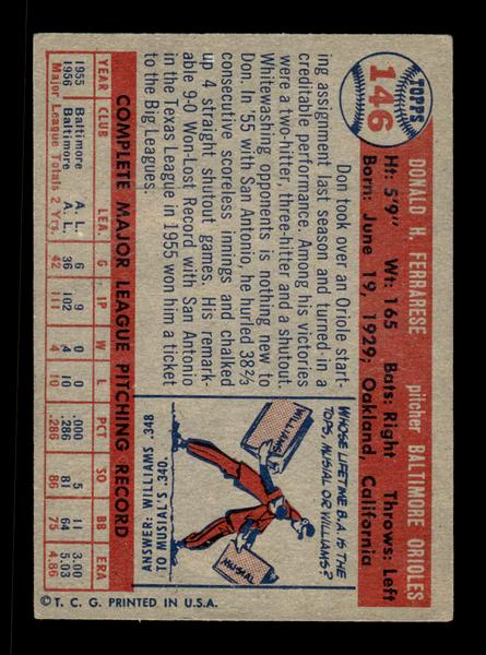 1957 Topps #146 Don Ferrarese Baltimore Orioles EX HOF-10005576