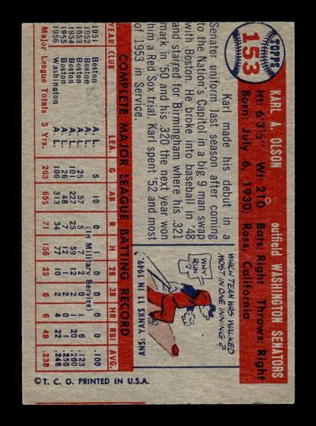1957 Topps #153 Karl Olson Washington Senators EX HOF-10005585