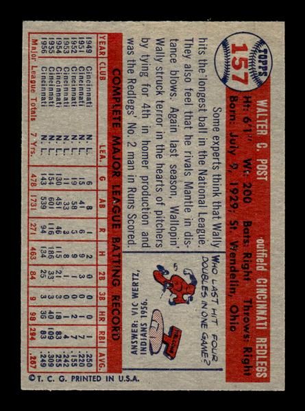 1957 Topps #157 Wally Post Cincinnati Redlegs EX HOF-10005588