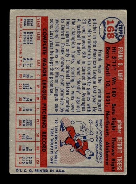 1957 Topps #168 Frank Lary Detroit Tigers EX HOF-10005596